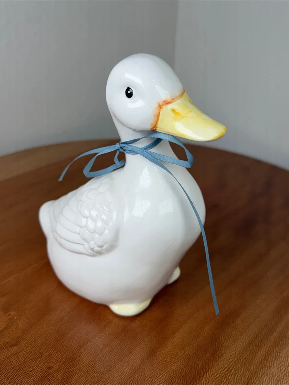 Vintage Hand Crafted Hand Made Ceramic Duck White Yellow Blue Bow Farmhouse